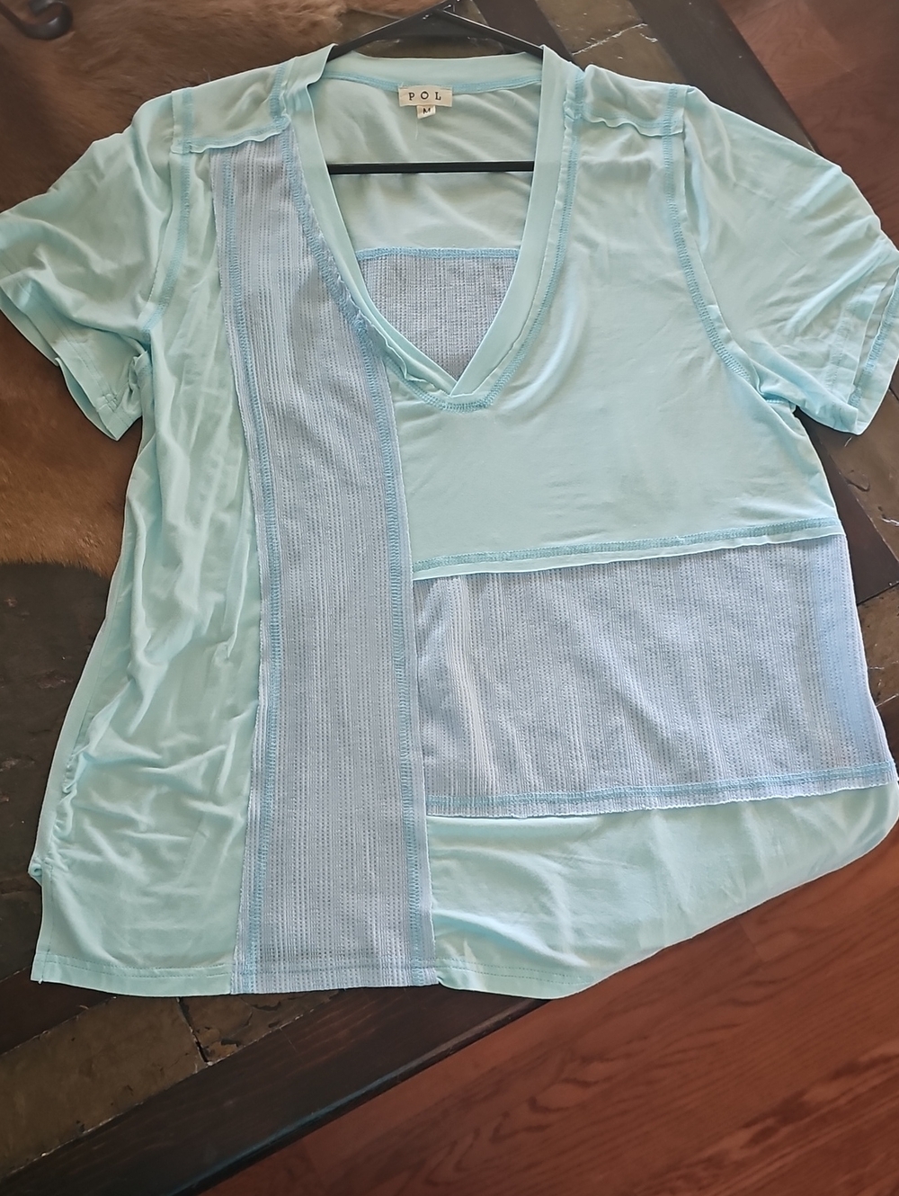 POL Light Aqua V-Neck Short Sleeve Top with Textured Panels